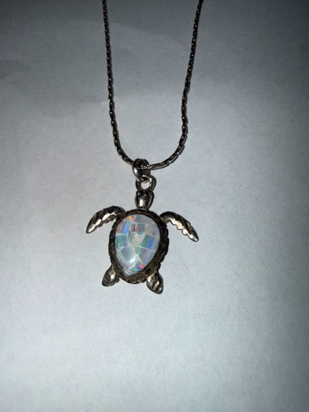 Iridescent White Turtle Pendant Necklace - Women's Silver Tone